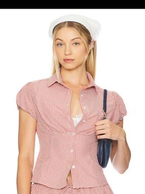 Danielle Guizio Red Gingham Puff-Sleeve Button-Front Shirt